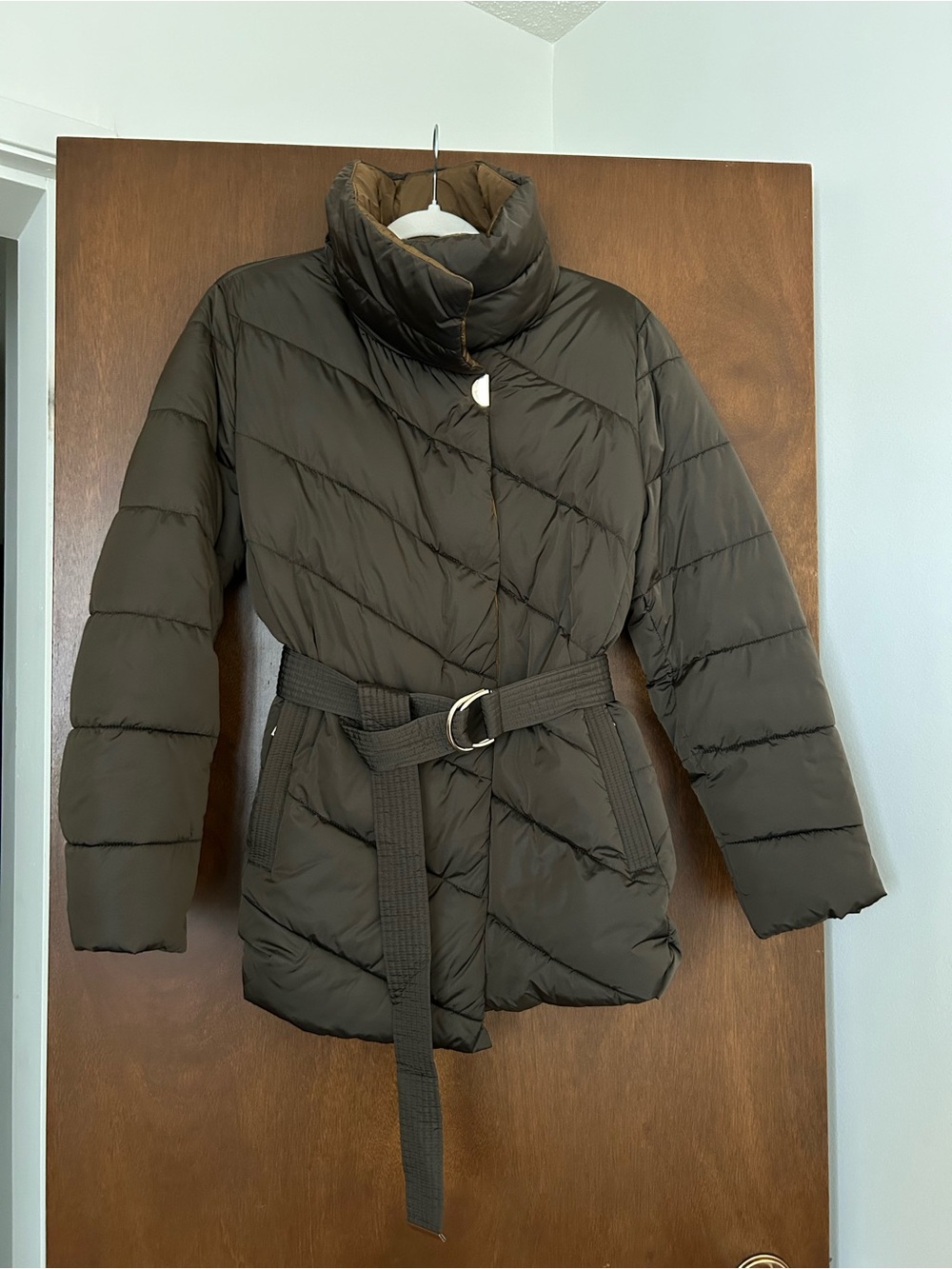 Belted Quilted Puffer Jacket in Olive